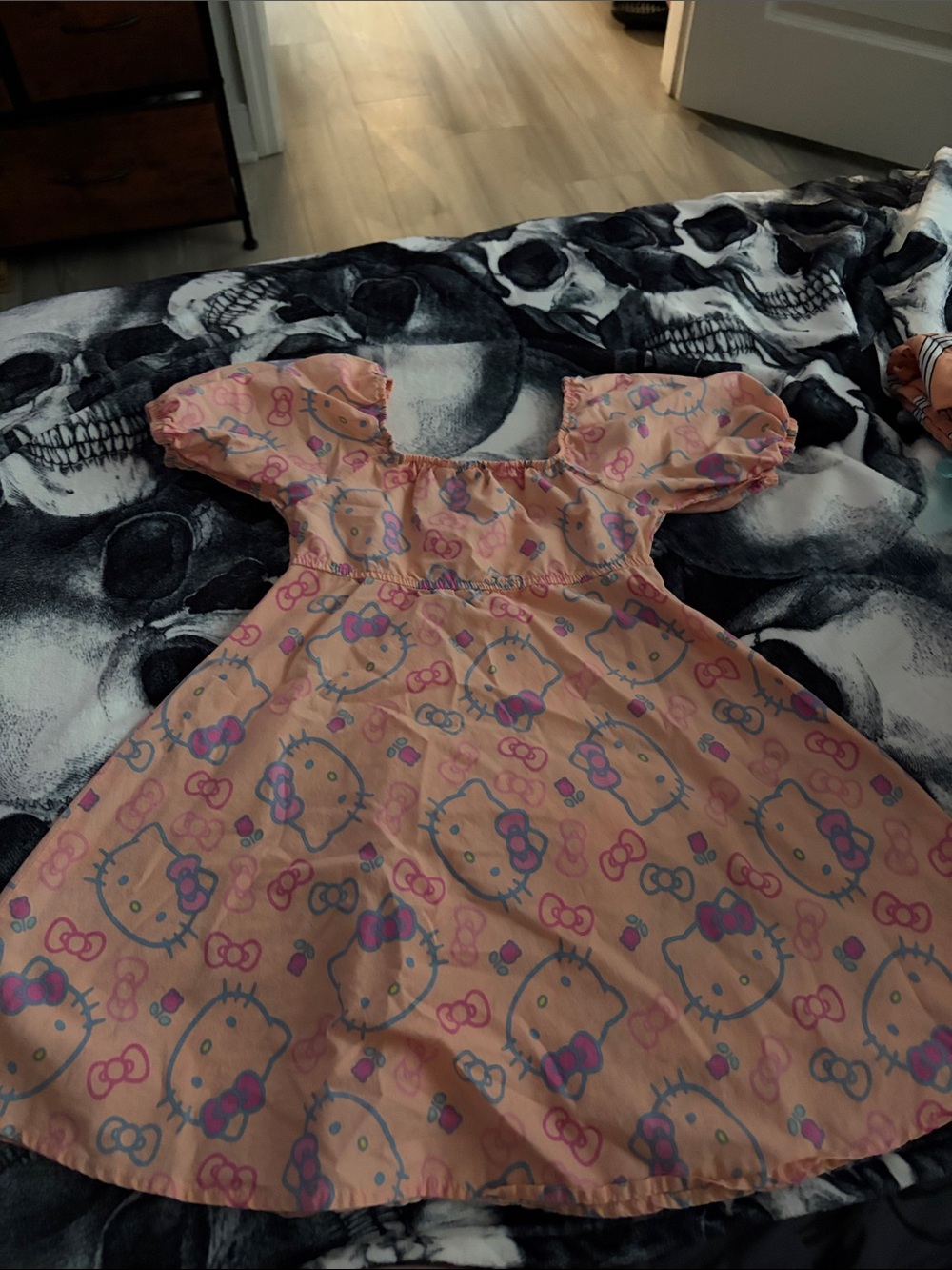 Hello Kitty Peach-Pink Puff Sleeve Dress with Character Print